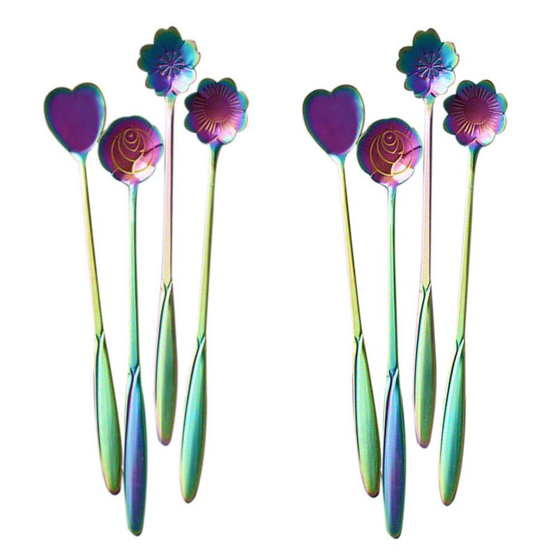 XICHEN 7 Inch Flower pattern Long Handle Spoon, Ice Cream Spoon Long Spoon Iced Tea Spoon Coffee Spoon Dessert Spoon Milkshake Spoon,Set of 8 ï¼ˆColor Multicolorï¼‰